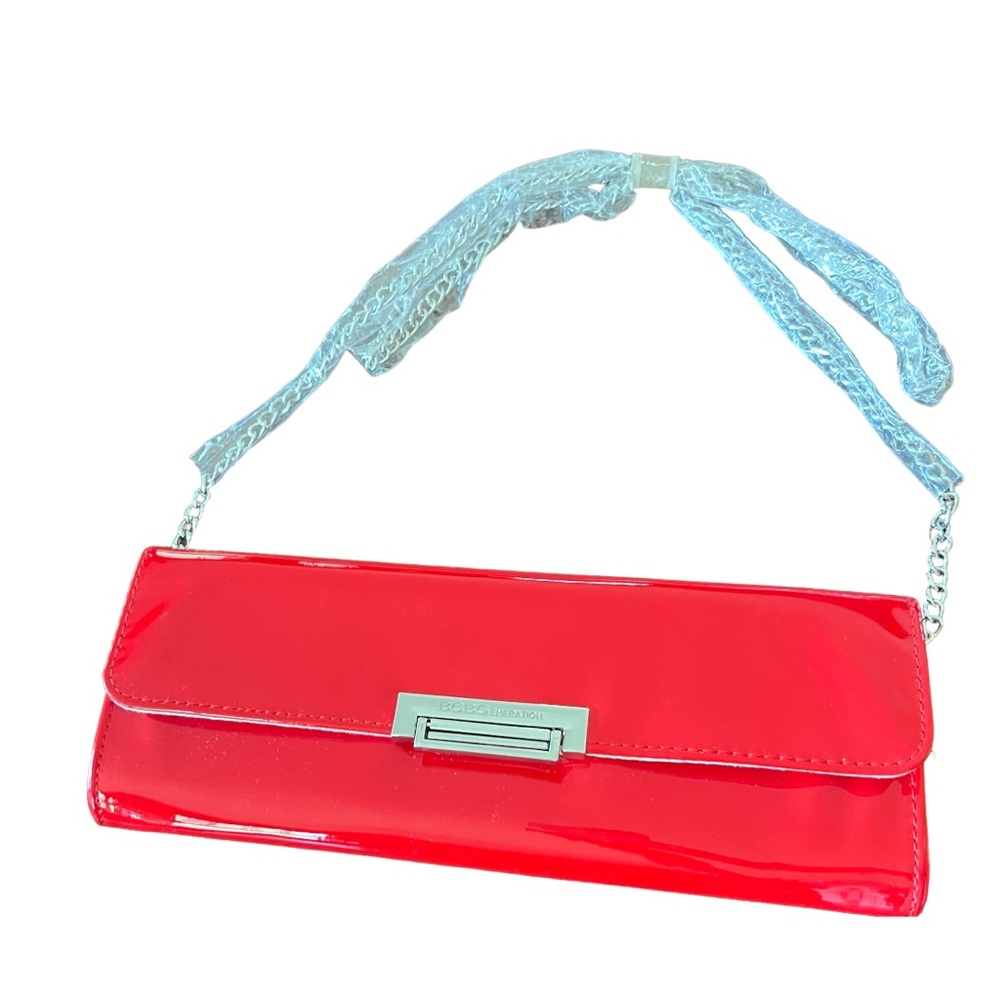 BCBGeneration Red Patent Leather & Silver Clutch Bag With Chain NWOT